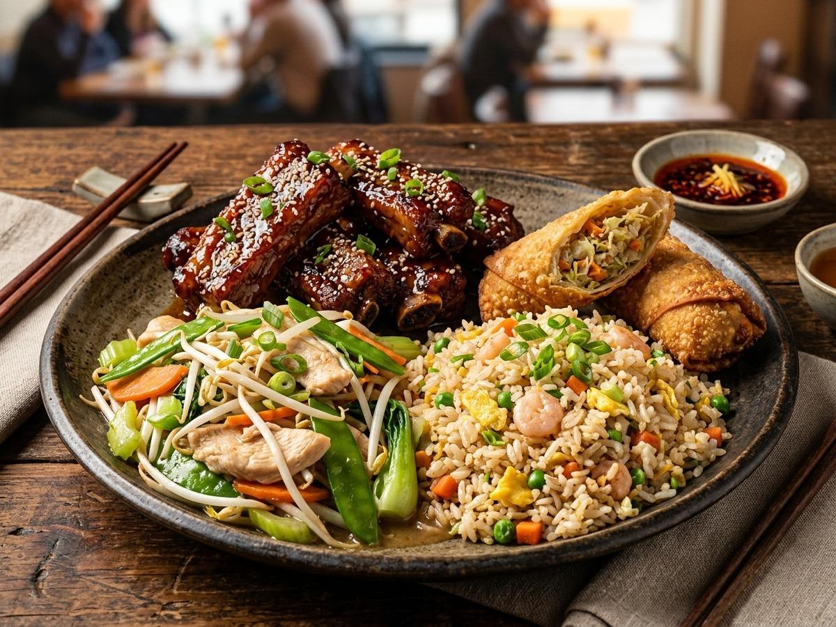 Caramelized Honey Garlic Spareribs with egg fried rice, chicken chop suey, and crispy egg roll